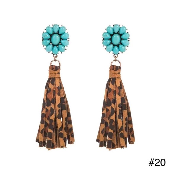 Jewelry - #20 | Leopard Print Fringe with Turquoise Flower Post Dangle Earrings